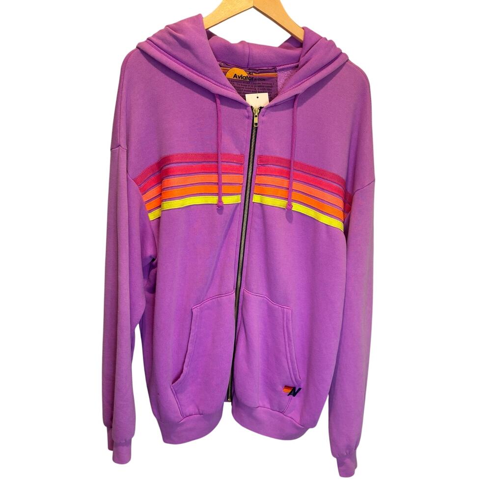 Aviator Nation NWT 5 Stripe Zip Hoodie in Neon Purple - size XL